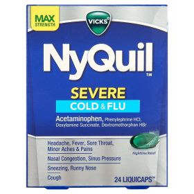 Vicks NyQuil Severe Liquicaps, Nighttime Cold, Cough & Flu Relief, over-The-Counter Medicine, 24 Ct LiquiCaps