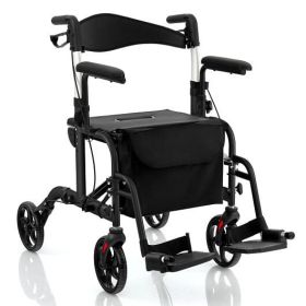 Folding Rollator Walker with Seat and Wheels Supports up to 300 lbs-Black - Color: Black