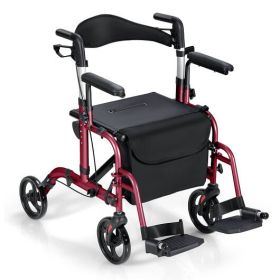 Folding Rollator Walker with Seat and Wheels Supports up to 300 lbs-Red - Color: Red