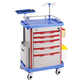 VEVOR 5 Tiers Lab Carts Mobile Medical Cart with 5 Drawers & 2 Trash Cans Blue