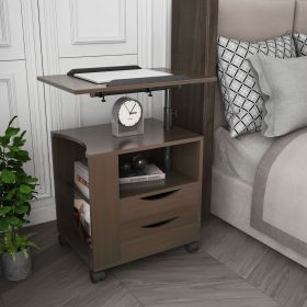 Multifunctional Height Adjustable Overbed End Table Wooden Nightstand with Swivel Top, Storage Drawers, Wheels, and Open Shelf