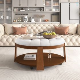 Modern Large Round Ottoman Coffee Table 2-Tier Oversized Button Tufted Ottoman with Wood Shelf Storage Upholstered Coffee Table for Living Room Footre